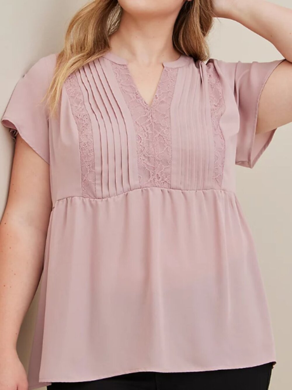 Torrid Blush Peplum Georgette With Lace Trim And Pintucks Blouse - 3X| 22-24